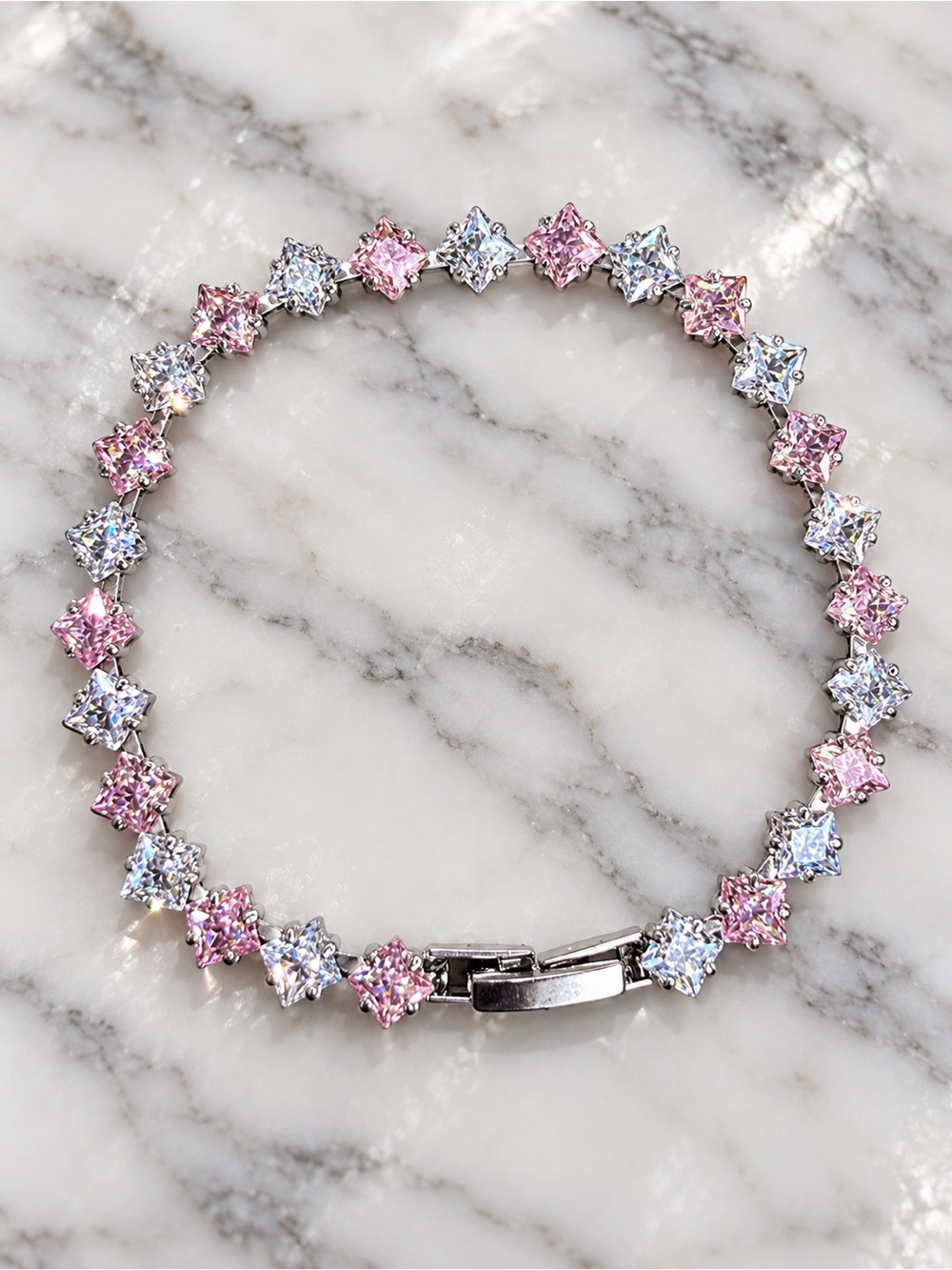 Pink & Clear Star Tennis Bracelet Silver Tone Sparkly Fashion Jewelry